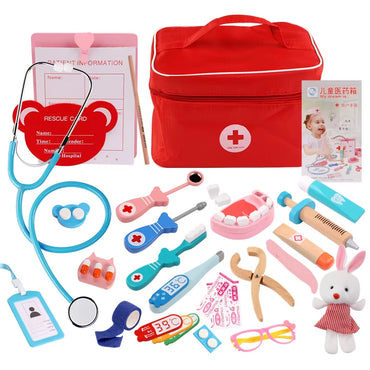 Toys for Children Girl Boy Kids Pretend Play Wood Doctor Toys Red Medical Kit Dentist Medicine Box Sets Cloth Bag Packing Games