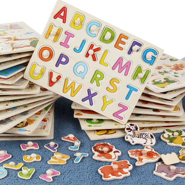 Montessori Wooden 3D Cartoon Animal Alphabets Figures Jigsaw Puzzles Boards Games Baby Early Education Toys for Kids Boys Girls
