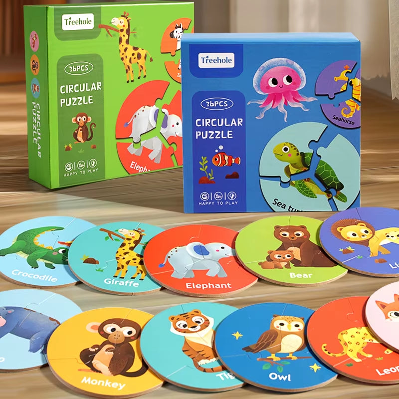 Children Educational Wooden Puzzle Toy 36Pcs Forest Marine Animal Cognitive Wooden Circular Puzzle Game Kids Wooden Toys