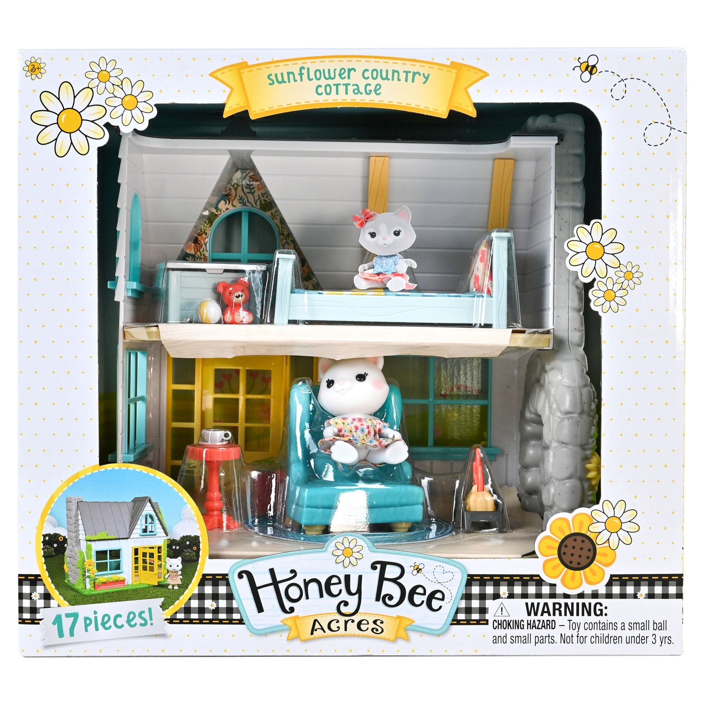 Sunflower Country Cottage – 17 Piece Dollhouse with Miniature Furniture & Exclusive Cat Figure – Doll Playset for Kids Ages 3+