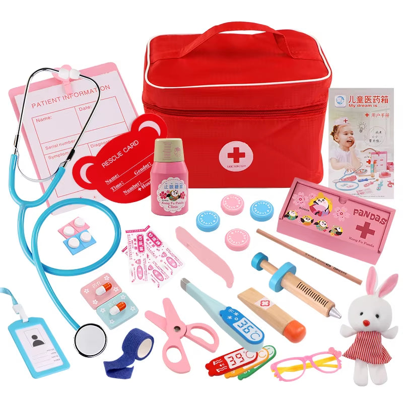 Toys for Children Girl Boy Kids Pretend Play Wood Doctor Toys Red Medical Kit Dentist Medicine Box Sets Cloth Bag Packing Games