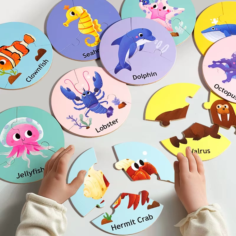 Children Educational Wooden Puzzle Toy 36Pcs Forest Marine Animal Cognitive Wooden Circular Puzzle Game Kids Wooden Toys