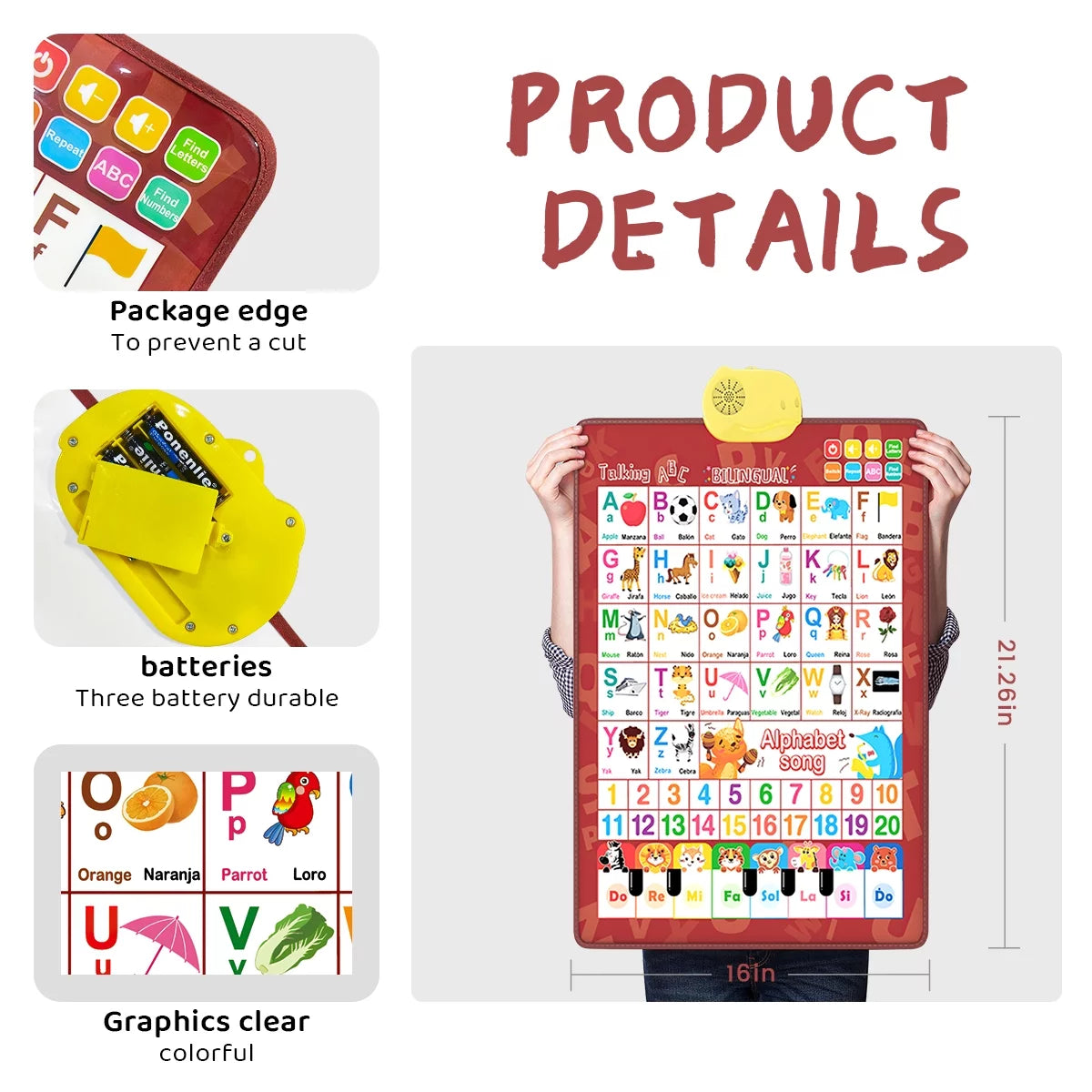 Electronic Interactive Alphabet Poster Toddler Toys, Alphabet ABC Wall Chart Toys for Toddlers, Kids Learning Toys with Music Various Patterns for 2-6Y Girls and Boys, Red
