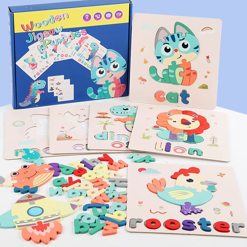 Kids Education Wooden Animal Jigsaw Puzzles Wooden Digital Alphabet Spelling Puzzle Toy for Child Educational