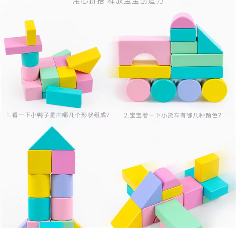 Wooden Blocks 28Pcs Large Wooden Macaron Shape Cognition Blocks for Children
