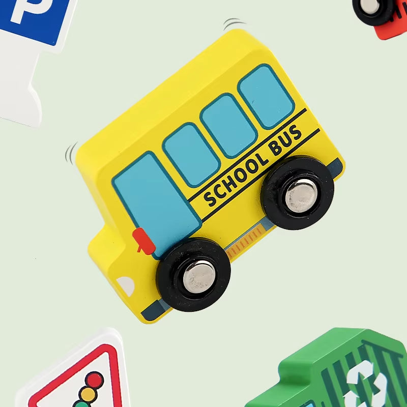 Wooden Traffic Sign Toy Set for Kids Including Mini Vehicles Road Accessories for Visual Recognition Playful Traffic Learning