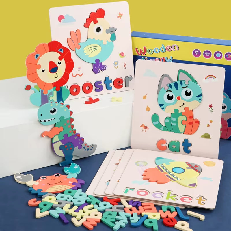 Kids Education Wooden Animal Jigsaw Puzzles Wooden Digital Alphabet Spelling Puzzle Toy for Child Educational