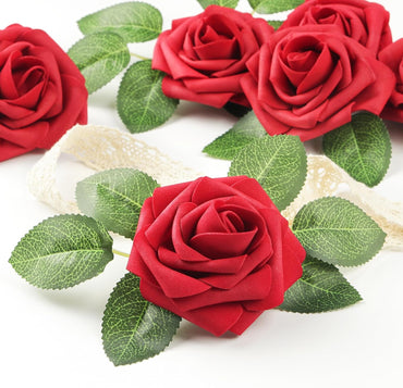 50 Pcs Artificial Flowers Red Roses Bulk, Real Looking Fake Foam Roses with Stems DIY Wedding Bouquet Floral Arrangement Bridal Shower Centerpieces Mother'S Day Party Home Table Decorations
