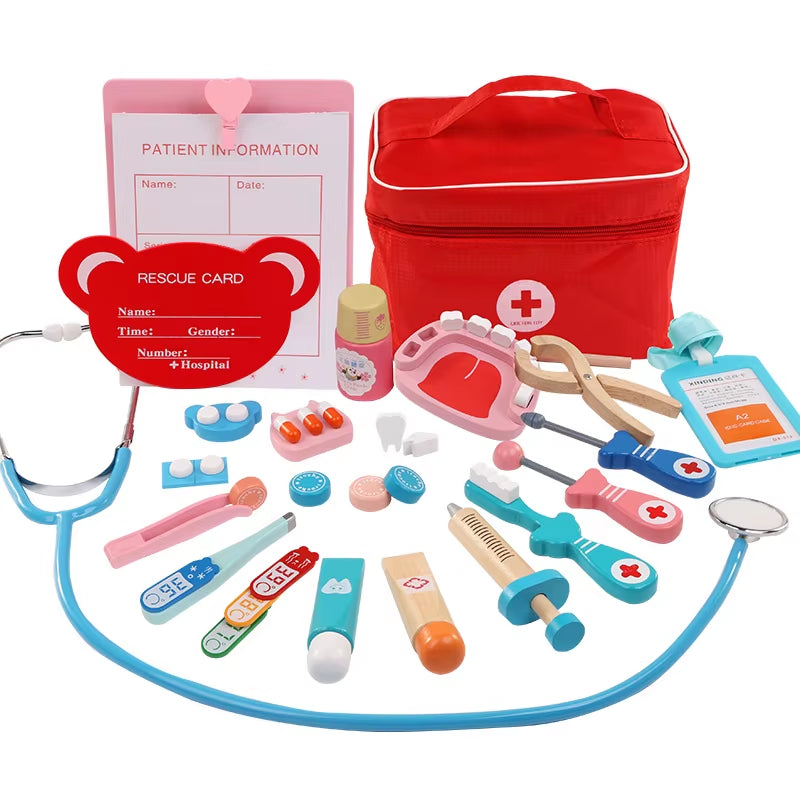 Toys for Children Girl Boy Kids Pretend Play Wood Doctor Toys Red Medical Kit Dentist Medicine Box Sets Cloth Bag Packing Games