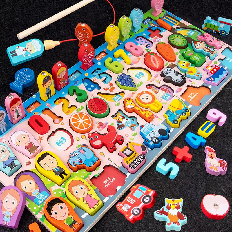 Montessori Wooden Multifunctional Logarithmic Board Toy Fishing Puzzle Math Counting Shape Color Classification Baby Toy