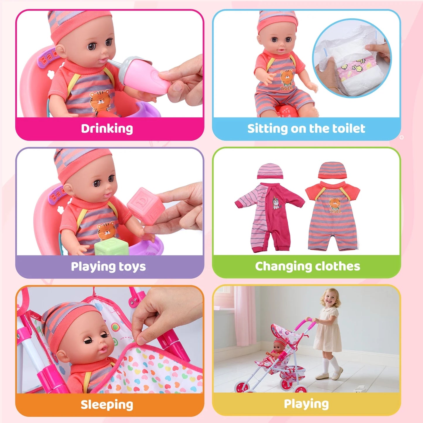 Baby Doll Play Set with 12.5" Baby Doll, 21'' Foldable Doll Stroller, High Chair, 35 PCS Baby Doll Accessories and 2 Sets Doll Clothes, Pretend Play Toys for Girls Toddlers