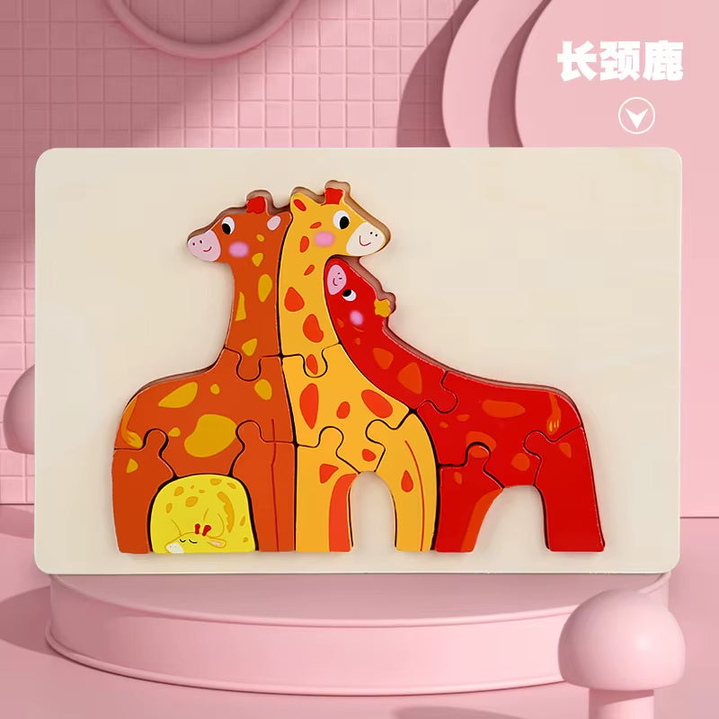 Kids Wooden Jigsaw Dinosaur Puzzle Montessori Game Assembly Children Learning Educational Toys 3D Cartoon Animal Puzzles