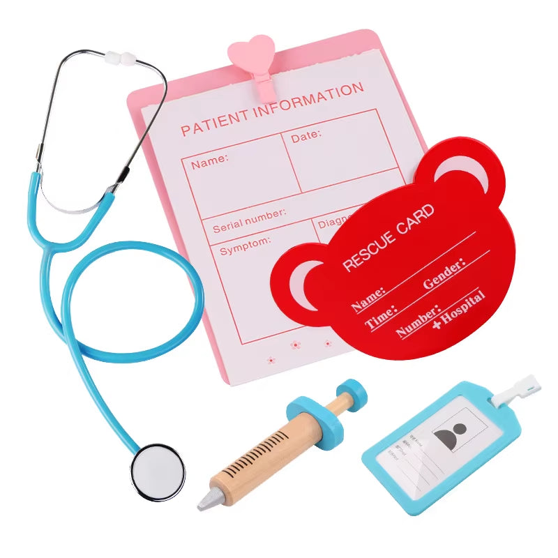 Toys for Children Girl Boy Kids Pretend Play Wood Doctor Toys Red Medical Kit Dentist Medicine Box Sets Cloth Bag Packing Games