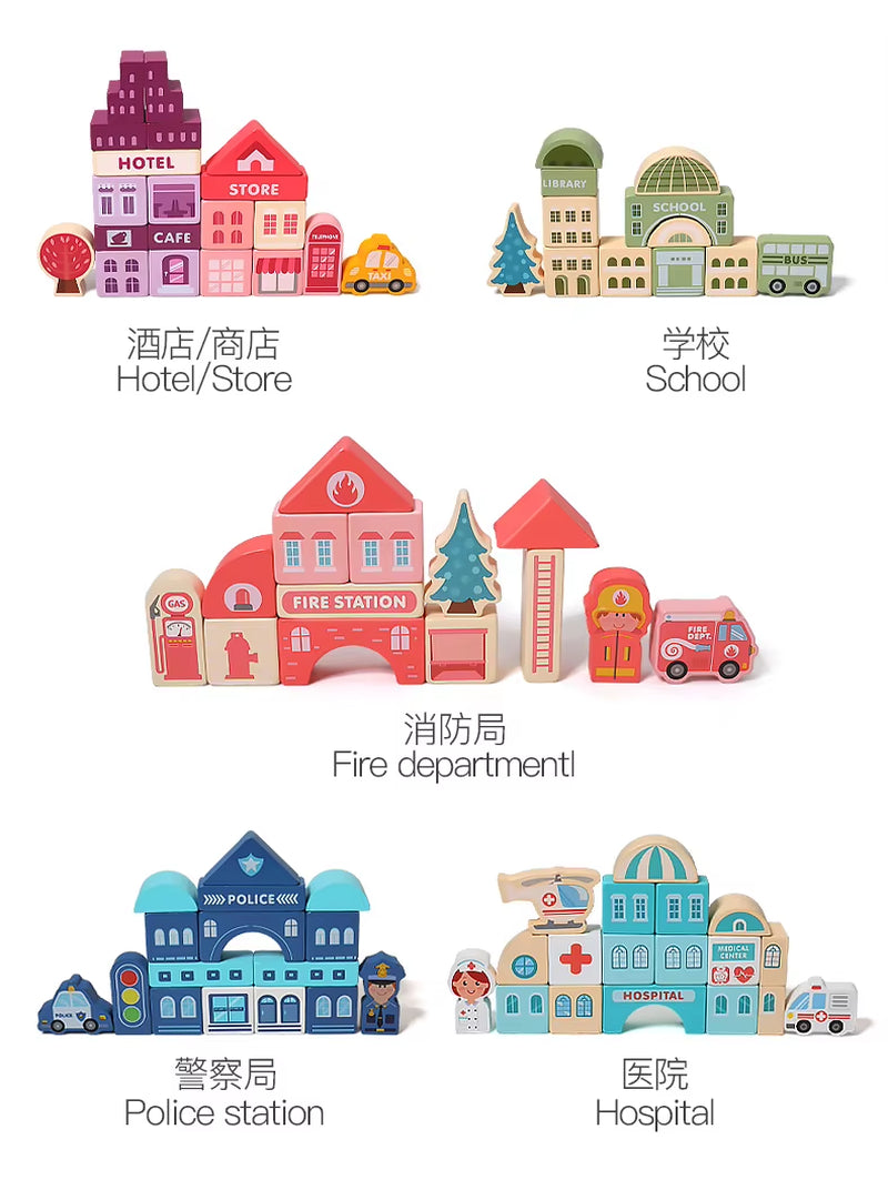 100Pcs Wooden City Street View Blocks Colorful Wooden Building Rainbow Blocks Kids Educational Wooden Blocks Toy