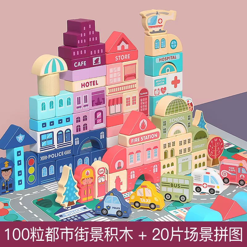 100Pcs Wooden City Street View Blocks Colorful Wooden Building Rainbow Blocks Kids Educational Wooden Blocks Toy
