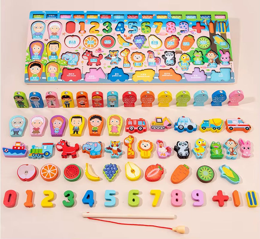 Montessori Wooden Multifunctional Logarithmic Board Toy Fishing Puzzle Math Counting Shape Color Classification Baby Toy