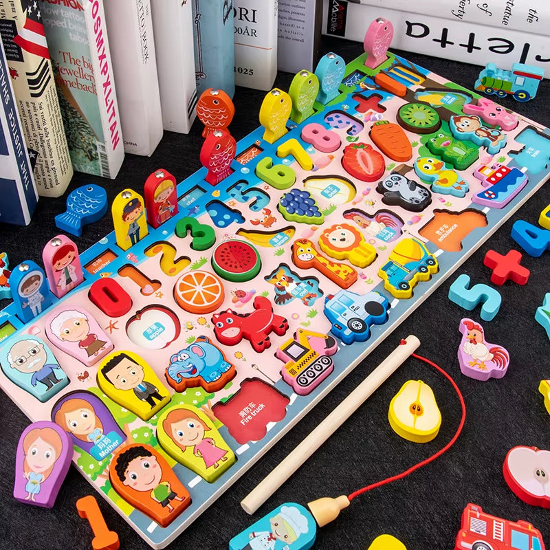 Montessori Wooden Multifunctional Logarithmic Board Toy Fishing Puzzle Math Counting Shape Color Classification Baby Toy