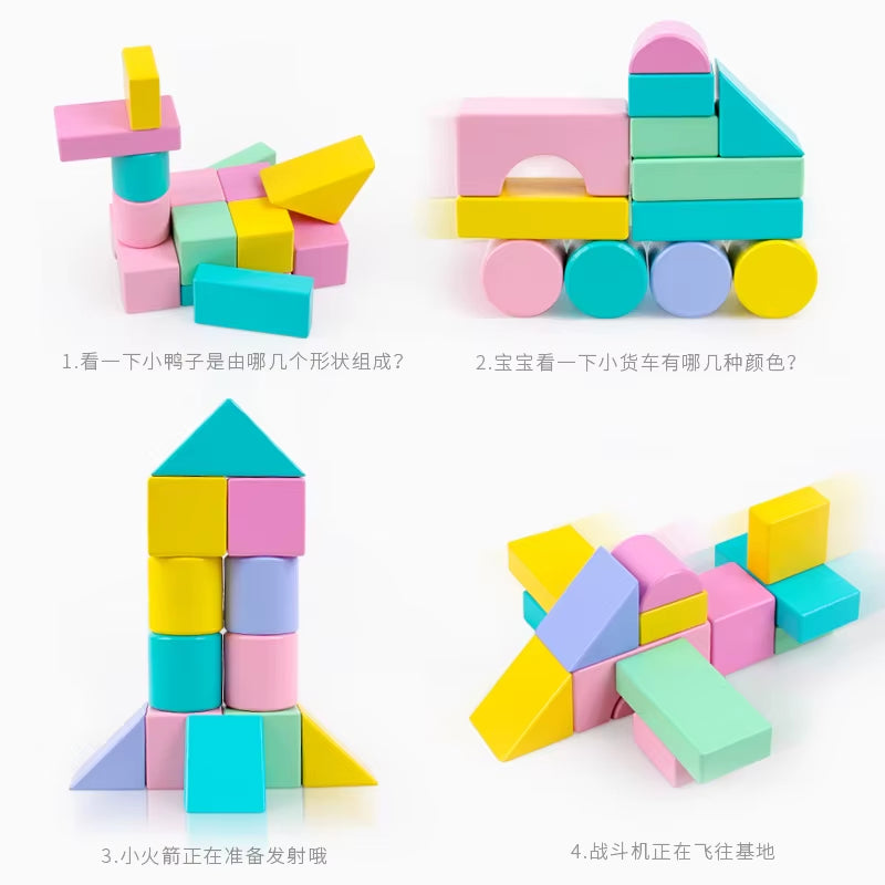 Wooden Blocks 28Pcs Large Wooden Macaron Shape Cognition Blocks for Children