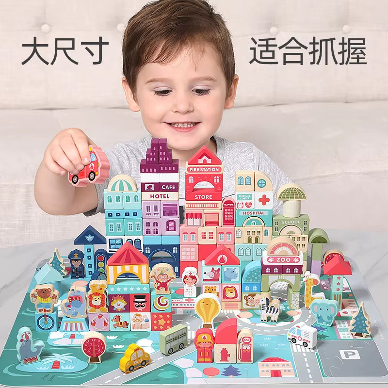 100Pcs Wooden City Street View Blocks Colorful Wooden Building Rainbow Blocks Kids Educational Wooden Blocks Toy