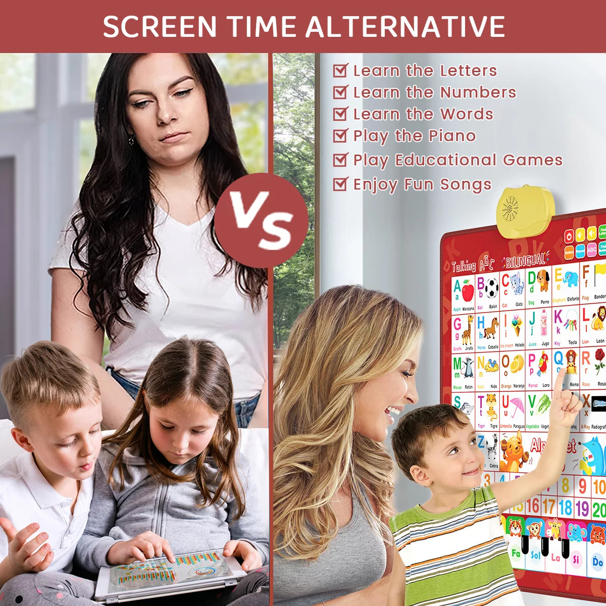 Electronic Interactive Alphabet Poster Toddler Toys, Alphabet ABC Wall Chart Toys for Toddlers, Kids Learning Toys with Music Various Patterns for 2-6Y Girls and Boys, Red