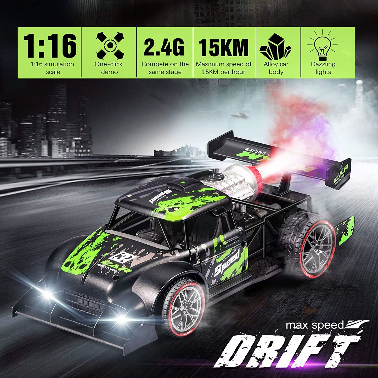 1:16 2.4G High Speed Alloy Remote Control Spray RC Car Toy with Light Wireless Control