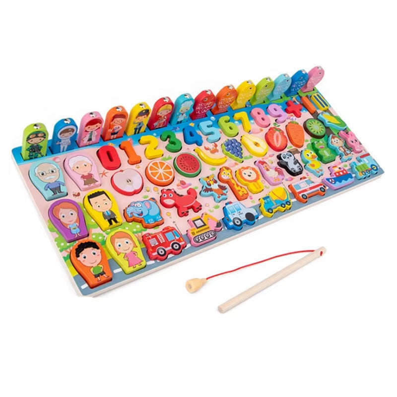 Montessori Wooden Multifunctional Logarithmic Board Toy Fishing Puzzle Math Counting Shape Color Classification Baby Toy