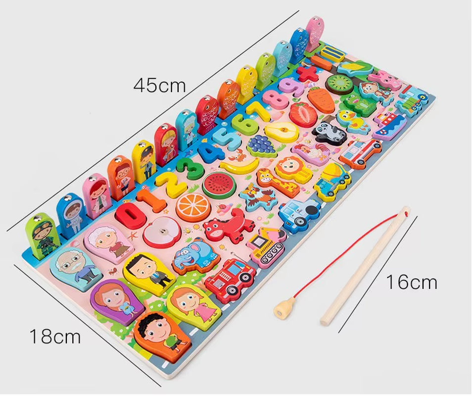Montessori Wooden Multifunctional Logarithmic Board Toy Fishing Puzzle Math Counting Shape Color Classification Baby Toy