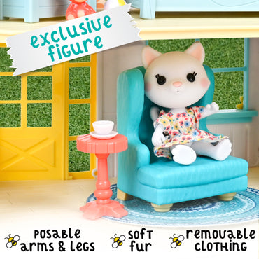 Sunflower Country Cottage – 17 Piece Dollhouse with Miniature Furniture & Exclusive Cat Figure – Doll Playset for Kids Ages 3+