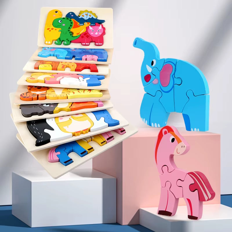 Kids Wooden Jigsaw Dinosaur Puzzle Montessori Game Assembly Children Learning Educational Toys 3D Cartoon Animal Puzzles