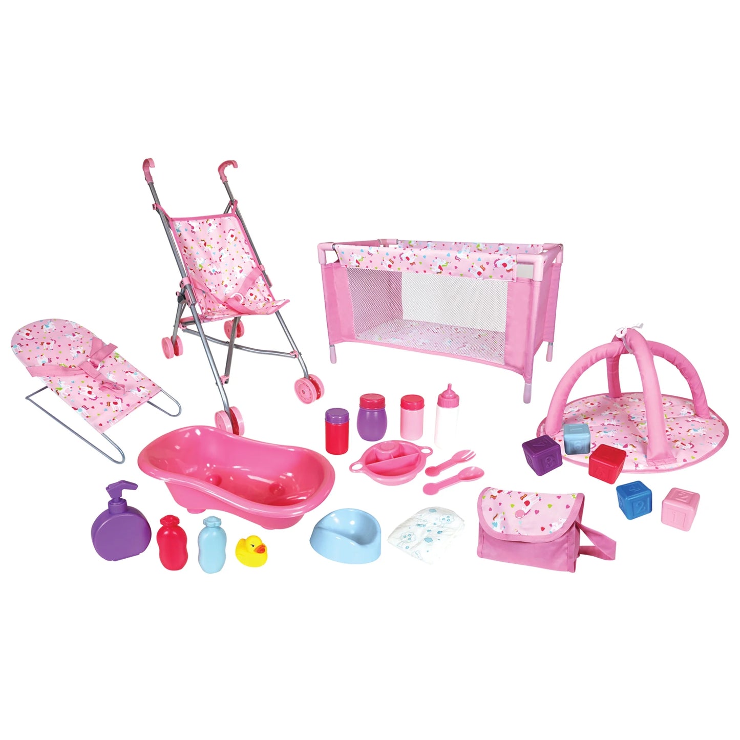 : Doll Nursery Play Set - Pink Unicorn - 24Pc Accessories for Dolls up to 11", Bed-Play Gym-Stroller-Bouncer-Bag, Feeding & Care Toys, Kids 3+