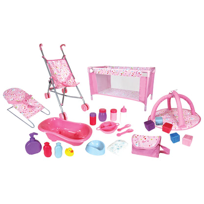 : Doll Nursery Play Set - Pink Unicorn - 24Pc Accessories for Dolls up to 11", Bed-Play Gym-Stroller-Bouncer-Bag, Feeding & Care Toys, Kids 3+