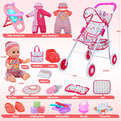 Baby Doll Play Set with 12.5" Baby Doll, 21'' Foldable Doll Stroller, High Chair, 35 PCS Baby Doll Accessories and 2 Sets Doll Clothes, Pretend Play Toys for Girls Toddlers