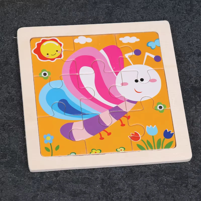 Children Montessori Mini 9 Pieces Wooden DIY Jigsaw Puzzles Board Games Early Educational Learning Toys for Kids Boys Girls