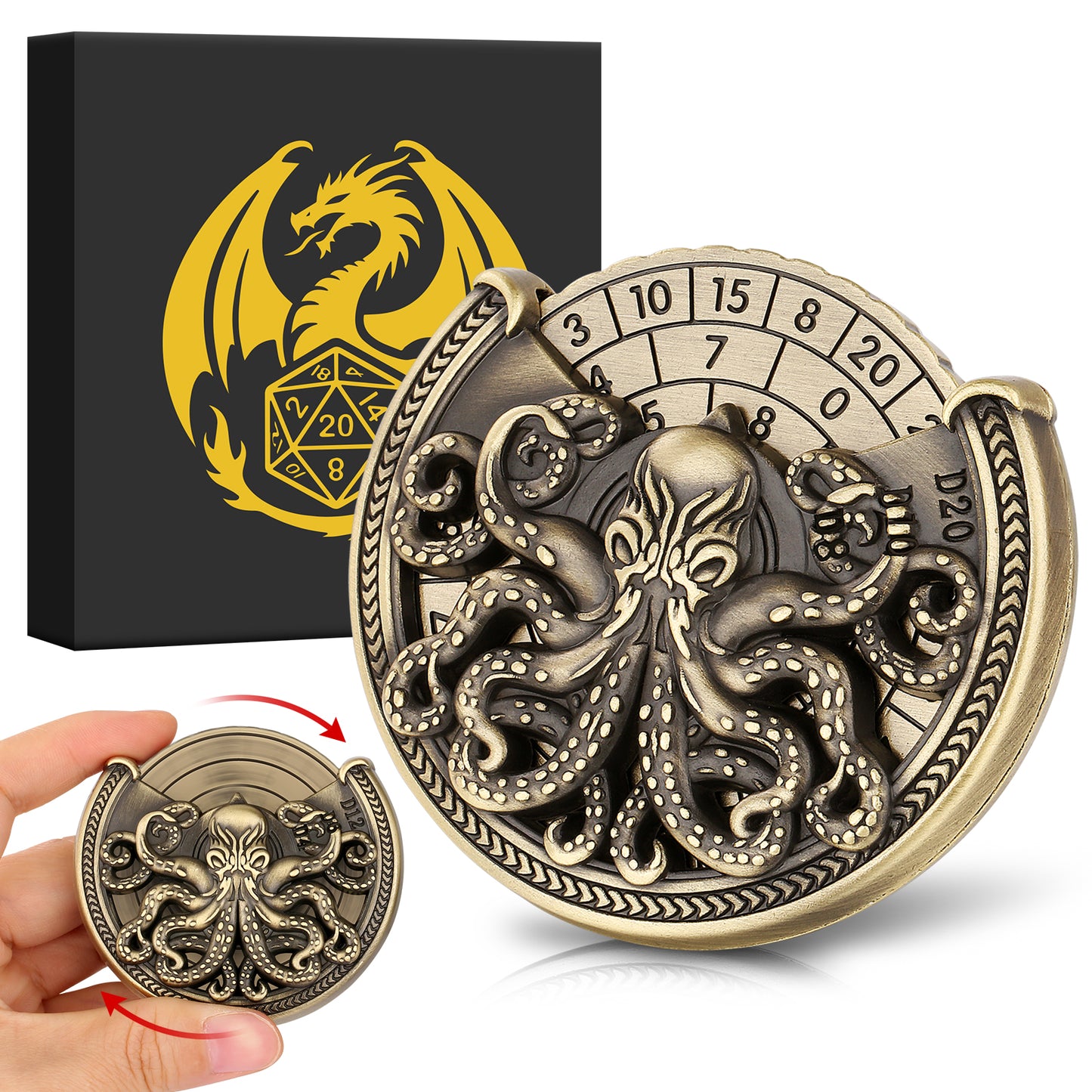 Vintage Kesulu Style, Super Refined Metal Octopus Dice Turntable Gift Box, Immersive Board Game Experience, D20 Random Surprise, Necessary Props For D&D Team