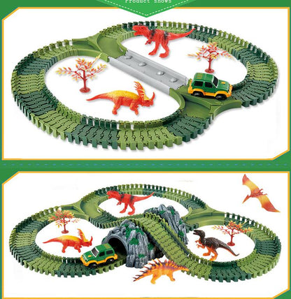 Dinosaur Toys Race Track Sets with 144 Pieces Flexible Tracks 3 Dinosaurs,1 Military Vehicles,1 Tree and 2 In 1 Tunnel for 2 3 4