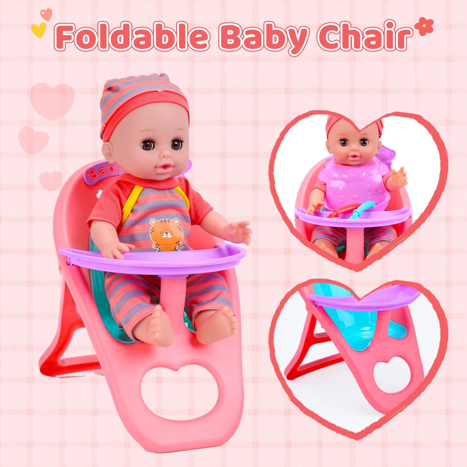 Baby Doll Play Set with 12.5" Baby Doll, 21'' Foldable Doll Stroller, High Chair, 35 PCS Baby Doll Accessories and 2 Sets Doll Clothes, Pretend Play Toys for Girls Toddlers