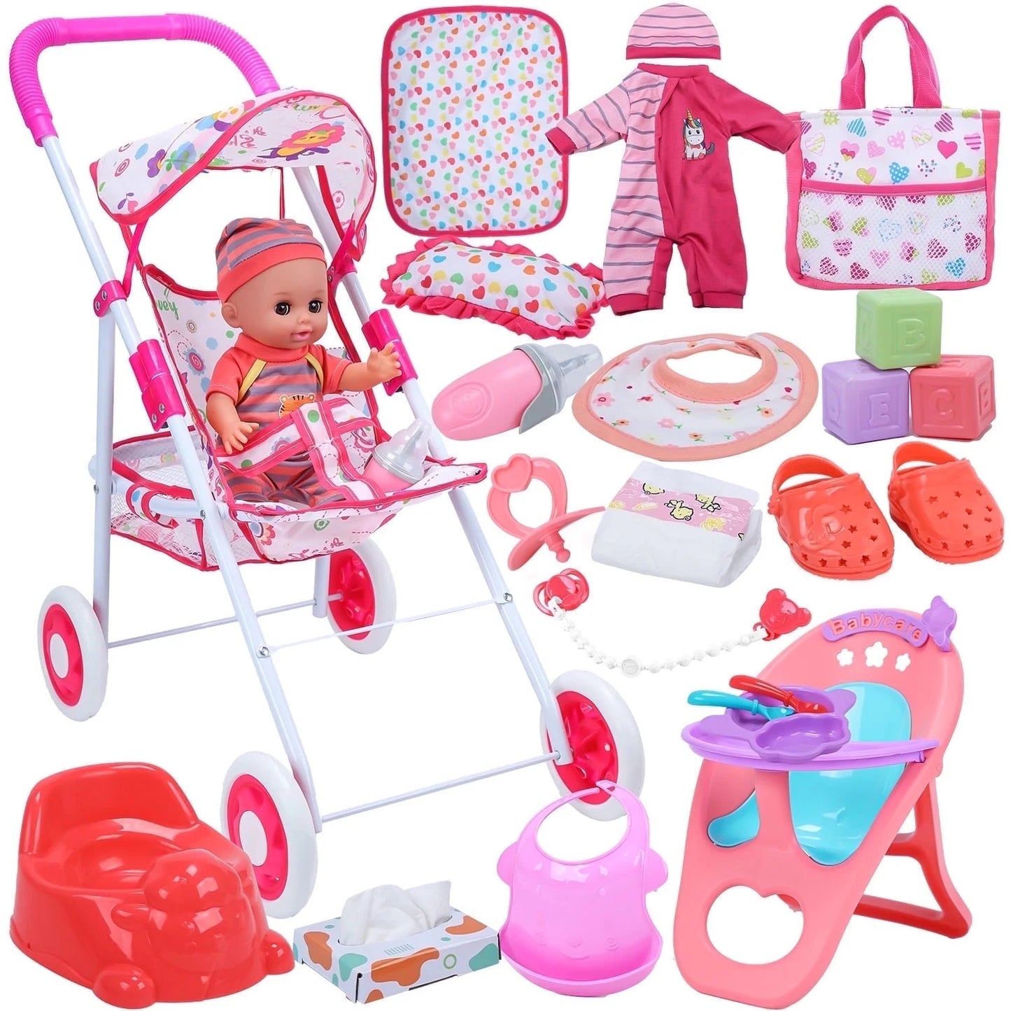 Baby Doll Play Set with 12.5" Baby Doll, 21'' Foldable Doll Stroller, High Chair, 35 PCS Baby Doll Accessories and 2 Sets Doll Clothes, Pretend Play Toys for Girls Toddlers