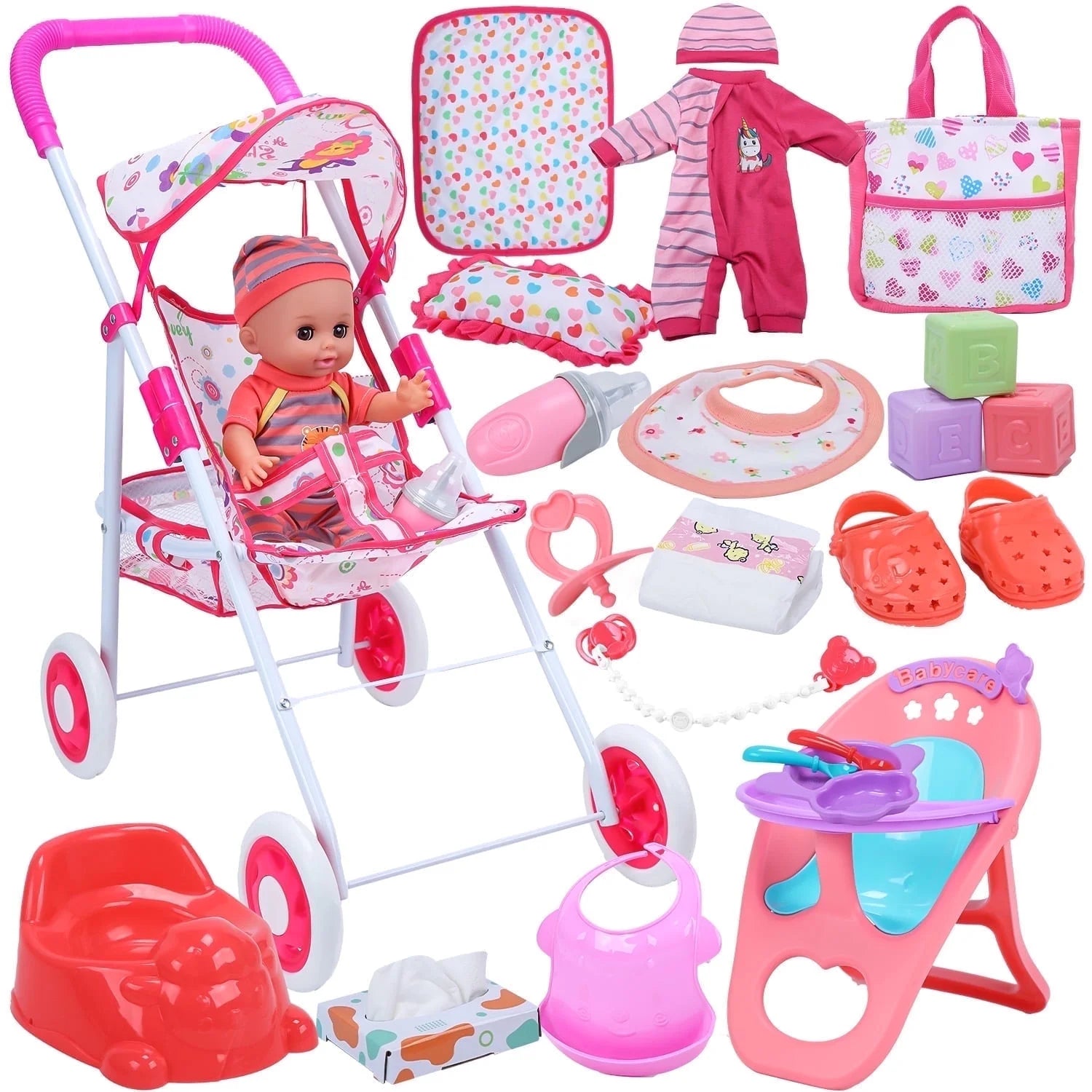 Baby Doll Play Set with 12.5" Baby Doll, 21'' Foldable Doll Stroller, High Chair, 35 PCS Baby Doll Accessories and 2 Sets Doll Clothes, Pretend Play Toys for Girls Toddlers