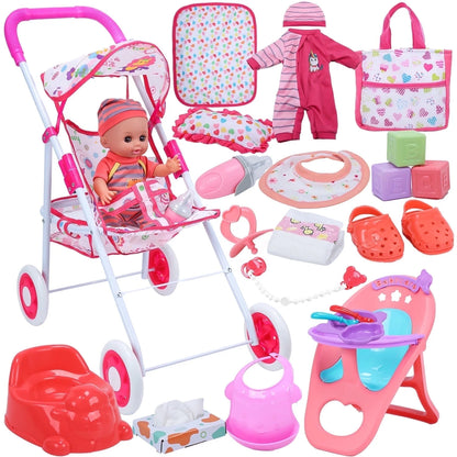 Baby Doll Play Set with 12.5" Baby Doll, 21'' Foldable Doll Stroller, High Chair, 35 PCS Baby Doll Accessories and 2 Sets Doll Clothes, Pretend Play Toys for Girls Toddlers