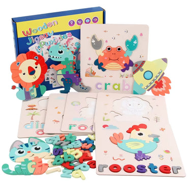 Kids Education Wooden Animal Jigsaw Puzzles Wooden Digital Alphabet Spelling Puzzle Toy for Child Educational