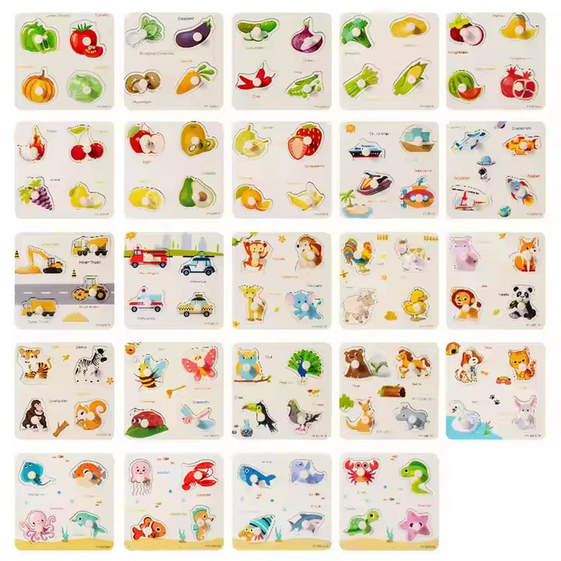 Wooden Mini Cartoon Animal Vehicle Pegged Puzzles Baby Montessori Plywood Early Educational Learning Toys for Kids Boys Girls