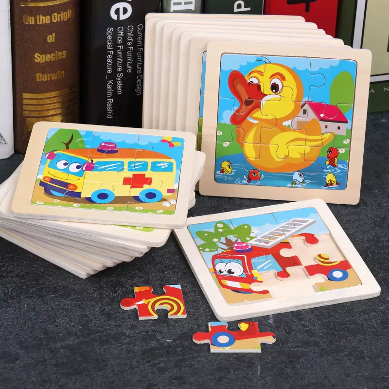 Children Montessori Mini 9 Pieces Wooden DIY Jigsaw Puzzles Board Games Early Educational Learning Toys for Kids Boys Girls