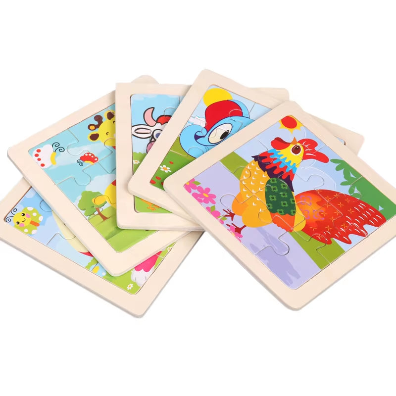 Children Montessori Mini 9 Pieces Wooden DIY Jigsaw Puzzles Board Games Early Educational Learning Toys for Kids Boys Girls