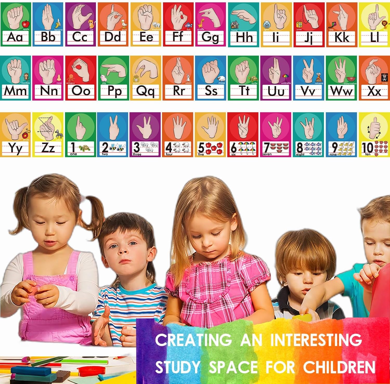 36 Pieces ASL Alphabet Line Bulletin Board Set ABC Number Sign Language Flash Cards Wall Decorations for Pre-School Kindergarten Elementary Classroom Nursery Homeschool (Bright Colors)