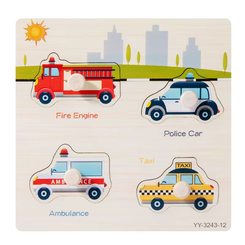 Wooden Mini Cartoon Animal Vehicle Pegged Puzzles Baby Montessori Plywood Early Educational Learning Toys for Kids Boys Girls