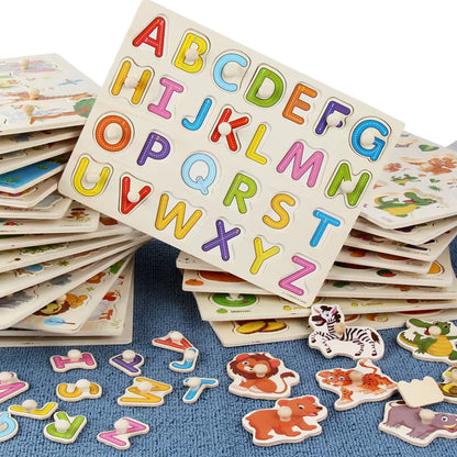 Montessori Wooden 3D Cartoon Animal Alphabets Figures Jigsaw Puzzles Boards Games Baby Early Education Toys for Kids Boys Girls