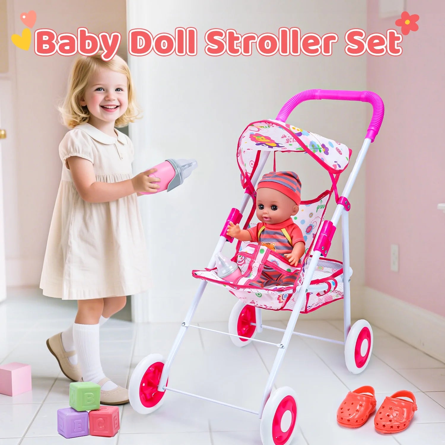 Baby Doll Play Set with 12.5" Baby Doll, 21'' Foldable Doll Stroller, High Chair, 35 PCS Baby Doll Accessories and 2 Sets Doll Clothes, Pretend Play Toys for Girls Toddlers
