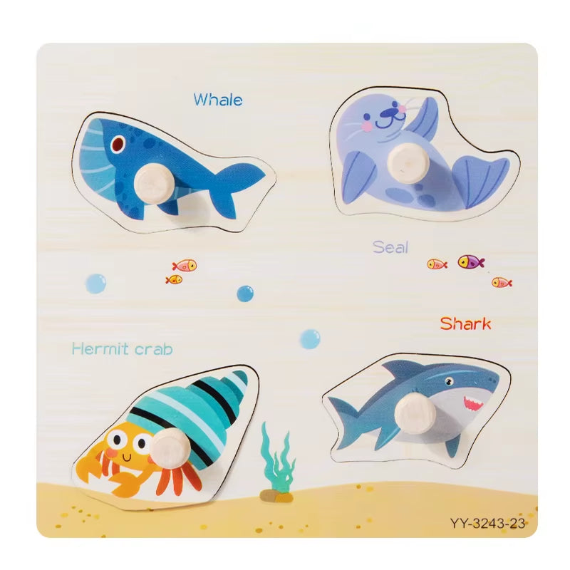 Wooden Mini Cartoon Animal Vehicle Pegged Puzzles Baby Montessori Plywood Early Educational Learning Toys for Kids Boys Girls