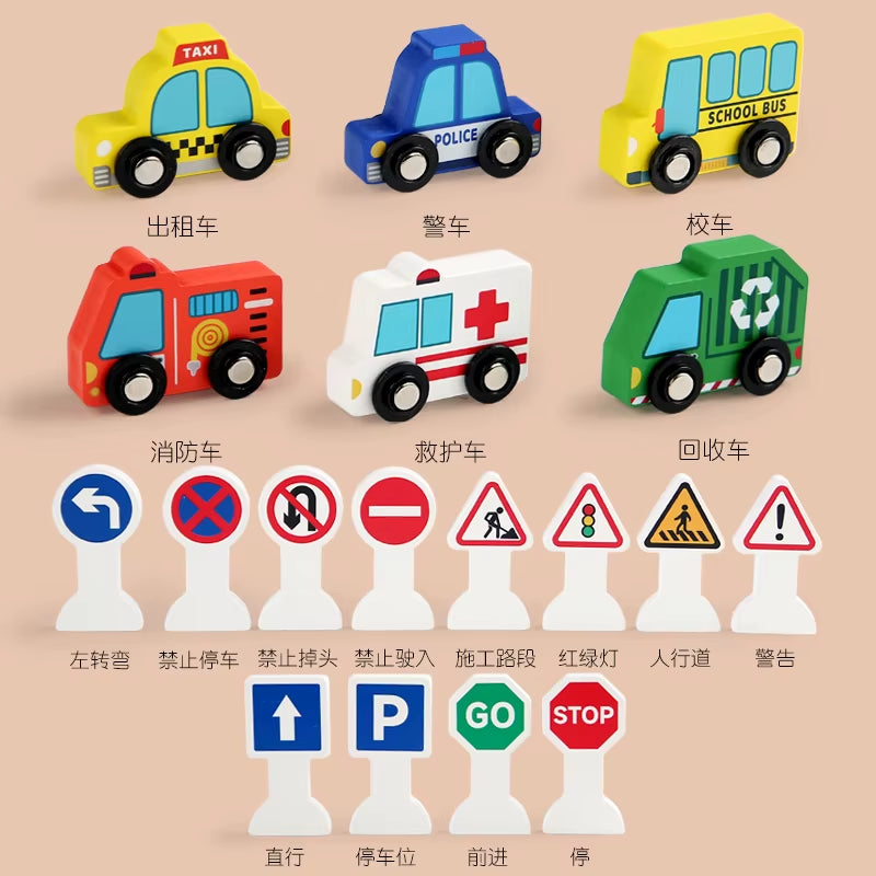 Wooden Traffic Sign Toy Set for Kids Including Mini Vehicles Road Accessories for Visual Recognition Playful Traffic Learning