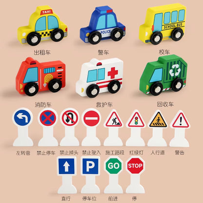 Wooden Traffic Sign Toy Set for Kids Including Mini Vehicles Road Accessories for Visual Recognition Playful Traffic Learning